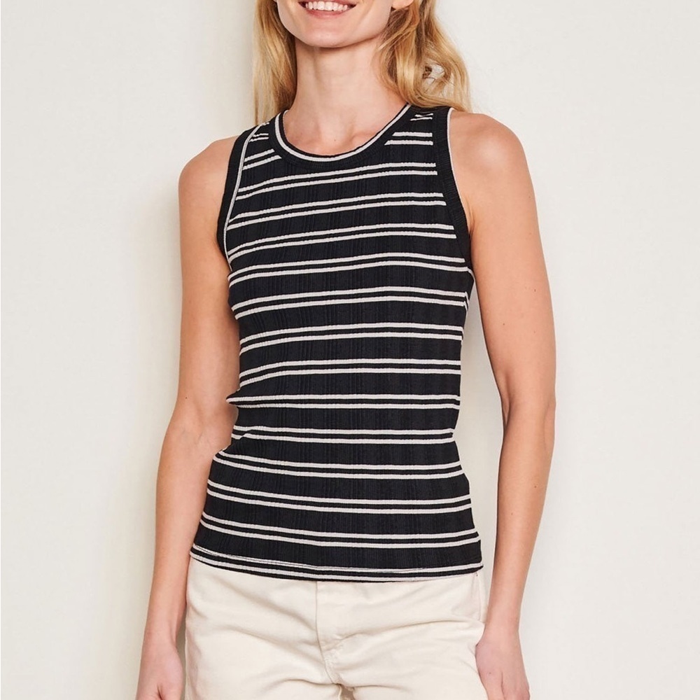Sundry Variegated Rib Stripe High Crew Neck Tank Top Deep Navy Blue Size Large
